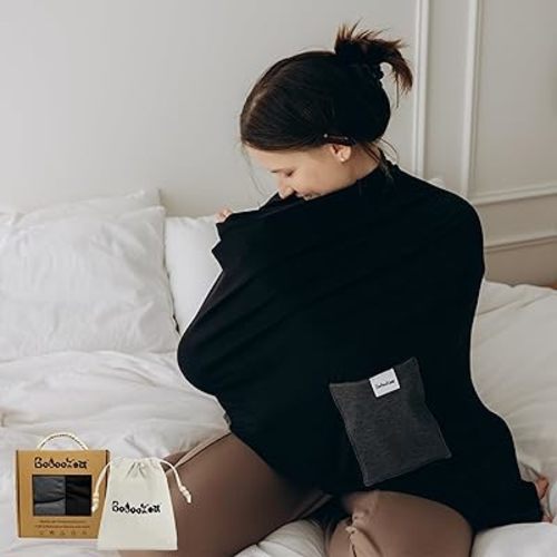 Premium Bamboo Nursing Cover for Breastfeeding 6-in-1 with 2 Pockets, 360 Privacy, Feeding Cover, Soft Breathable Nursing Shawl, Scarf, Stretchable Baby Seat Cover, Poncho (Black/Grey)