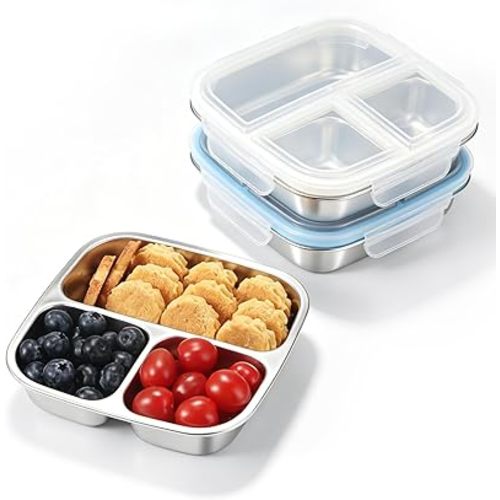 2 Pack Stainless Steel Snack Containers, 3 Compartments Reusable on the go Bento Box with Lids for Kids, Lunch Box Pre Meal Storage for School Office Outdoor Camping Travel - White & Blue