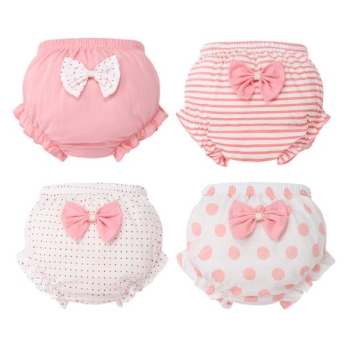 4pcs Baby Girl Cute Bloomer Shorts Newborn Girls Cotton Bottoms with Bow Baby Bloomers Outfit Pink Diaper Cover