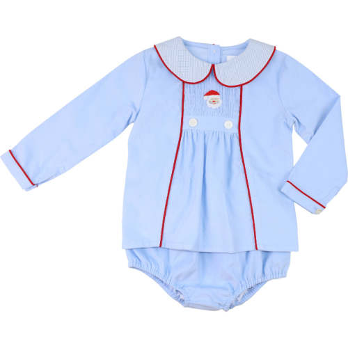 3mo Blue Corduroy Smocked Santa Diaper Set