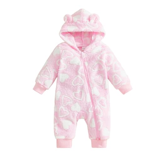 Newborn Baby Girl Warm Clothes Heart Hoodie Romper Zipper Jumpsuit | Long Sleeve Toddler Snow Suit, Fall Winter Clothes for Girls Valentines Day Outfit, Bear Ear Snowsuit, 0 3 6 9 12 18 Months