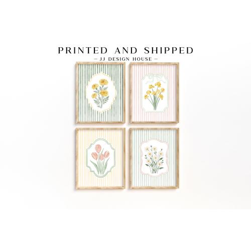 Floral Wall Art Set of 4, Printed Botanical Art, Cottagecore Flower Prints, Nursery Wall Decor for Girls Room, Cottage Core Home Decor