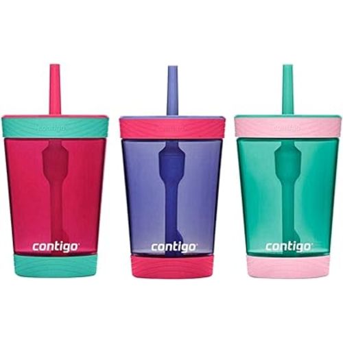 Contigo Kids Spill Proof Tumbler w/Straw & Soft Grip Bottom Pad - BPA Free, Durable Tritan, Spill-Proof Valve -Great for Children, Travel, School - Cherry Blossom, Westeria, Persian Green-14oz, 3 Pack