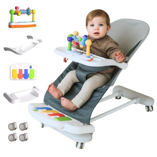 CuddoBaby Baby Bouncer 4-in-1 with Wheels, Detachable Piano, Feeding Tray, Play Bar, Thick Base. 3-Level Incline Portable Seat for Infant to Toddler 0-6, 0-12, 12-24 Months, Upto 29Lbs - Blue