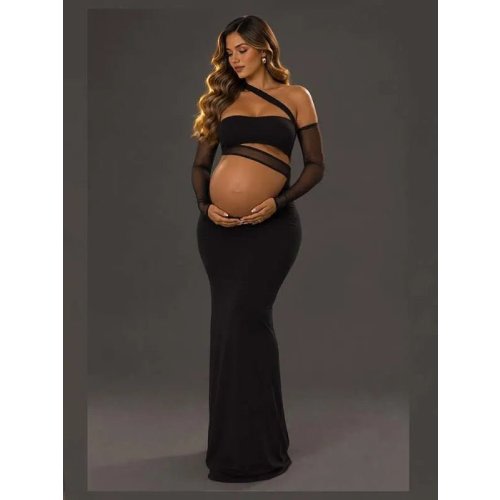 Momyknows Black Sheer Grenadine Irregular Cut Out Midriff Splicing Maternity Photoshoot Maxi Dress