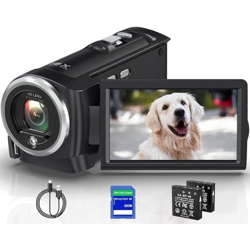 2.7K Video Camera Camcorder QHD 56MP YouTube Vlogging Camera Webcam 16X Digital Zoom with 32G SD Card 270 Degree Rotation Screen Camcorders and 2 Batteries Recording While Charging