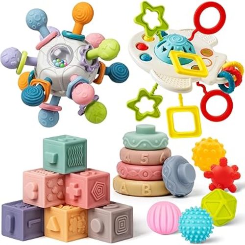 Baby Toys 6 to 12 Months, 5 In 1 Montessori Toys for 1 Year Old, Incl Travel Pull String Toy & Rattle Teether & Stacking Baby Block & Soft Infant Ring & Sensory Ball for Toddler 0-3-6-9-12 Month
