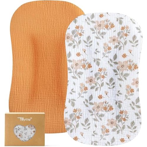 TILLYOU Muslin Baby Lounger Cover, 100% Cotton Newborn Lounger Cover, 2 Pack Baby Nest Slipcover for Boys Girls, Cover Only, Yellow Flower