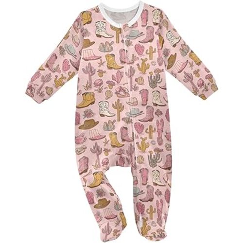 Baby One-Piece Footies Pastel Pink Cowgirl Western Cowboy Desert Cactus Cute Sleeper Pjs Footed Bodysuit Rompers 3M