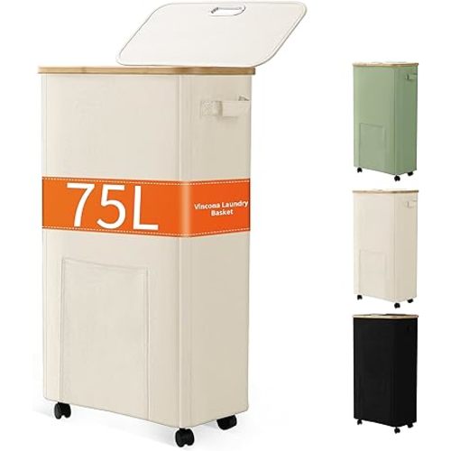 Laundry Basket with Wheels, Dirty Clothes Hamper on Wheels, Rolling Tall Laundry Hamper with lid for Laundry Room, Dorm and Bathroom, 75L Beige
