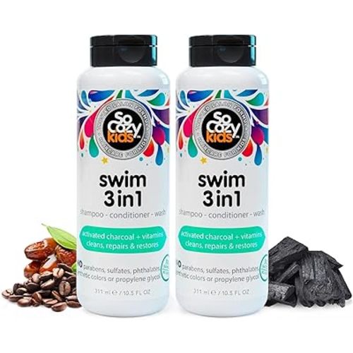SoCozy Kids Swim 3-in-1 Shampoo + Conditioner + Body Wash (10.5 Fl Oz, Pack of 2) Gentle Combo Hair & Body Cleanser for Swimmers, Salt & Chlorine-Removing Activated Charcoal, Paraben & Sulfate-Free
