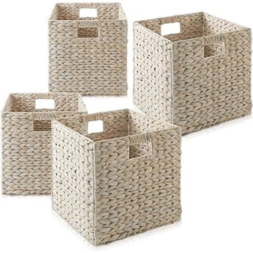 Casafield 12" x 12" Hyacinth Storage Baskets, Whitewash - Set of 4 Storage Organizers, Woven Wicker Cubes for Bathroom, Bedroom, Laundry, Shelves