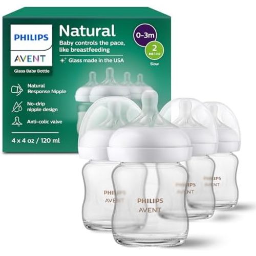 Philips Avent Natural Glass Baby Bottles, Slow Flow, 4 oz, BPA-Free, 4-Pack