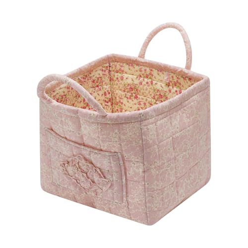 Quilted Fabric Storage Basket with Handles & Pocket, Foldable Laundry Hamper Boho Floral Print Organizer Bin for Home, Picnic, Office 12"x10"x10" (A-4)