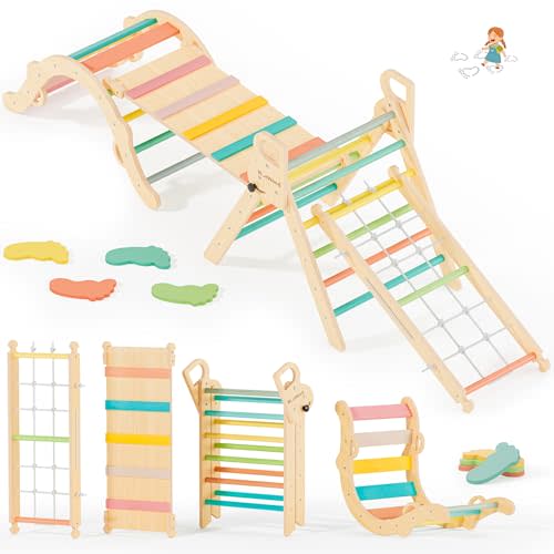 BlueWood 10-in-1 Pikler Triangle Set, Toddler Climbing Toys Indoor, Montessori Climber, Baby Jungle Gyms with Arch, Extra Rope Ladder & Footprint Balance Beam - Rose Garden