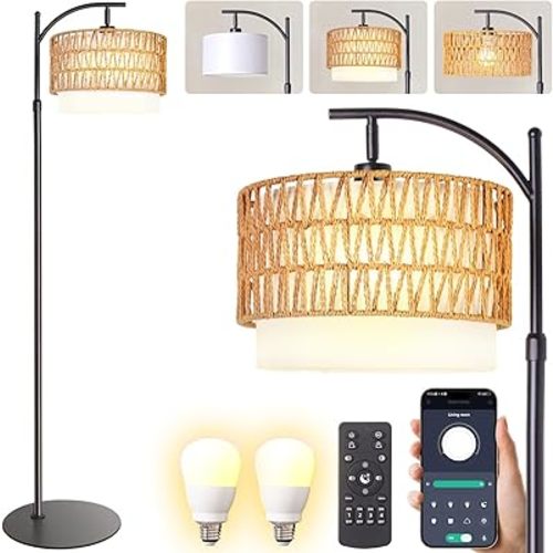Bohemian Rattan Floor Lamp for Living Room - Black Arc Design, 12W LED (1 in use + 1 Spare), Remote & Dimmable 3 - Color Temp, Tall Standing Lamp