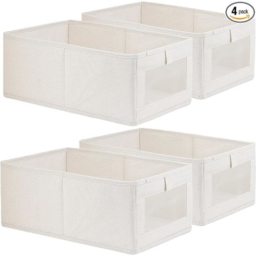 Fordonral 4 Pack Linen Storage Bins, Storage Containers for Organizing Clothing, Jeans, Toys, Books, Shelves, Closet, Wardrobe - Closet Organizers and Storage, Large Storage Boxes Baskets with Window