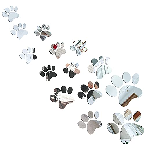 Tenare 14 Pcs Dog Paw Print Mirror Stickers Paw Prints Acrylic Mirror Wall Sticker Removable Dog Pup Wall Decors for Bathroom Living Room Bedroom Art Nursery Kids Children Home Decor-3 Sizes(Silver)