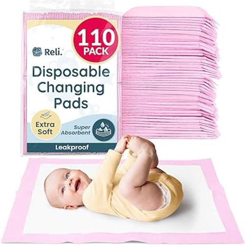 Reli. Disposable Changing Pads for Baby (110 Pack) | Disposable Diaper Changing Pads, 13" x 18" | Super Absorbent, Leak-Proof Liners | Waterproof, Quick Dry Underpads (Pink/White)