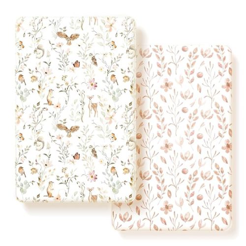 Pack n Play Sheets FItted 2 Pack, Stretchy Ultra Soft Jersey Knit Pack and Play Sheets, Universal Fitted Portable/Mini Crib Mattresses Snug and Safe, Beautiful Blush Pink Floral and Cute Animals Print