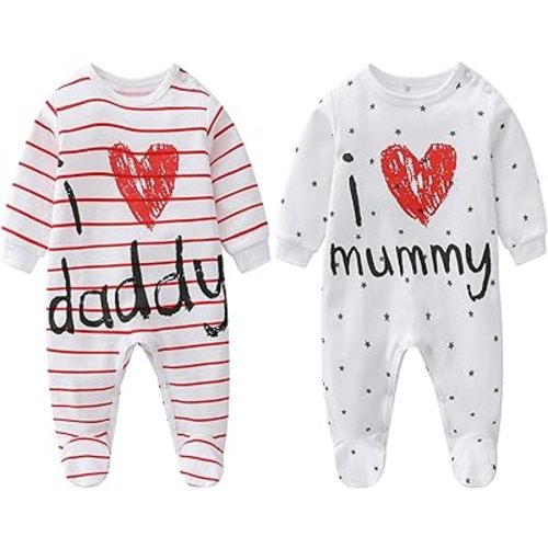 2-Pack Baby Clothes Newborn Bodysuits I Love Daddy &Mummy Romper, Cotton Footed Pajamas for Baby Boys and Girls