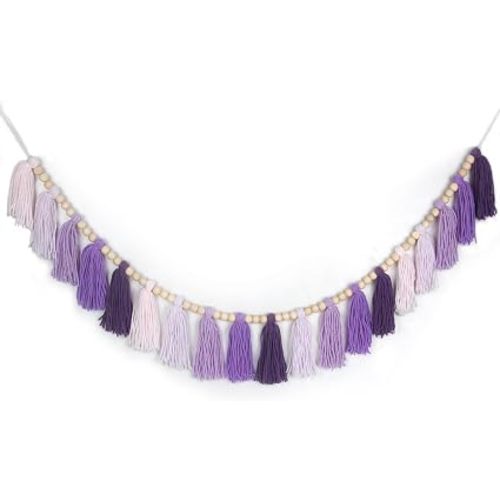 Purple Yarn Wood Bead Tassel Garland Wall Hanging Decor Boho Lavender Banner Tassels for Classroom Baby Shower Birthday Party Nursery Girls Dorm Room Bedroom Wedding Decorations