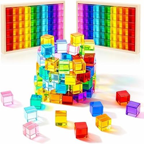 Meooeck 60 Pcs Colored Cube Gem Blocks with Wooden Storage Box, Translucent Rainbow Acrylic Building Stacking Sensory Train Prism Toys for Toddler Kids Montessori School Classroom Supplies