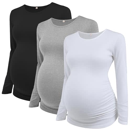 Ecavus Women's Maternity Shirts Long Sleeve Soft Stretchy Pregnancy Tops Side Ruched Casual Mama Clothes
