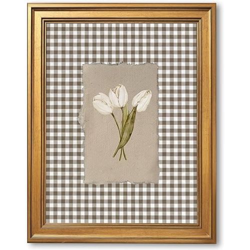 Gold Framed White Tulips Vintage Floral Wall Art Painting Brown Gingham Botanical Print Rustic Farmhouse Flower Picture Poster Neutral Cottagecore Canvas Artwork Aesthetic Country Home Decor 8x10inch