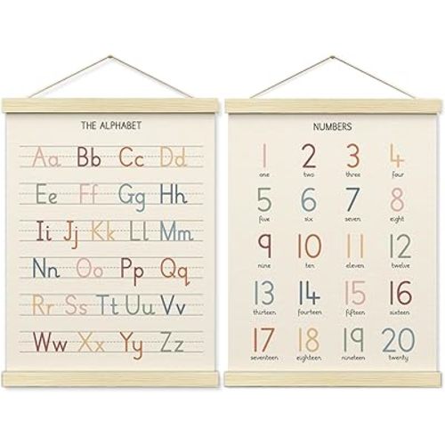 BONETAT Numbers alphabet poster for Nursery Toddlers, Play Room Wall Decor, ABC Wall Chart, Wall Hanging Decor for Toddler Playroom Decor Kids Wall Decor, Wooden Frame Alphabet Banner-A12