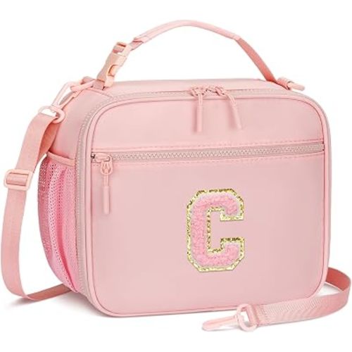 Kids Initial Lunch Bag, Reusable Insulated Lunch Box for Girls Toddlers, Back to School Gift, Leak-proof Cooler Bag for School Daycare Travel Picnic, Pink-C