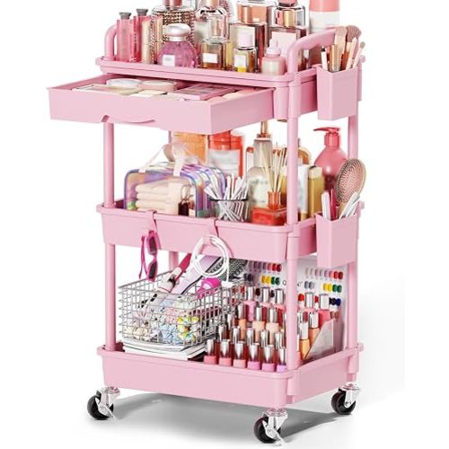 Goovilla Rolling Makeup Organizer Cart with Removable Drawer, 3 Tier Pink