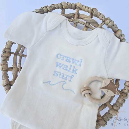 Embroidered Crawl Walk Surf bodysuit, Funny ONESIES® brand, Funny Baby Bodysuit, ONESIES® Pregnancy Announcement ONESIES® Beach Bodysuit, F4