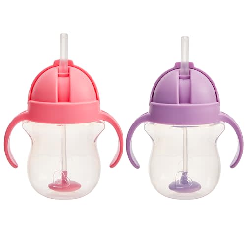 Munchkin Any Angle Sippy Cups for Toddlers, Spill Proof Weighted Straw Cup with Transition Handles for Babies 6 Months and Up, 7 Ounce, 2 Pack, Pink/Purple