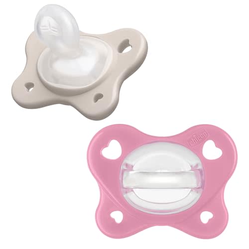 Chicco PhysioForma Dual Soft Orthodontic Pacifier for Babies 6-16 Months, 100% Soft Silicone, Supports Breathing, One-Piece Design, Included Sterilizing Case, BPA Free, 2-Pack, Grey/Dusty Rose