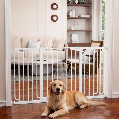 Cumbor 30.4-56.8" Extra Wide Baby Gate, Auto Close Dual Lock Dog Gate White | Easy Install Pressure Mounted Pet Gate for Doorways & Large Openings, Easy Walk Thru Safety Proofing for Babies & Large Dogs