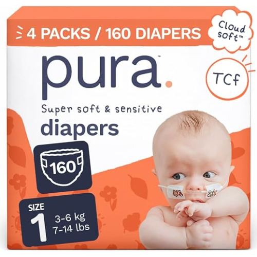 Pura Baby Diapers Size 1-160 Count, 7-14lbs, 12hr Leak Protection, Gentle Newborn Diapers, Hypoallergenic & Sensitive Baby Skin, Toxin-Free*, Blowout Blocker™, Wetness Indicator