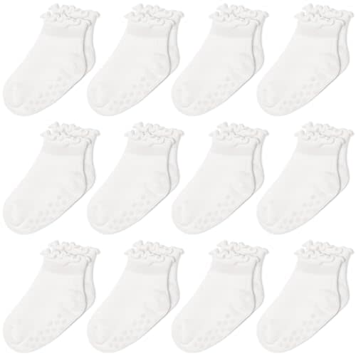 Jeyiour 12 Pairs Baby Ruffle Grip Socks for Girls, Cotton Non Slip Toddler Socks, Cute Frilly Walking Sock Newborn Gift 0-24M