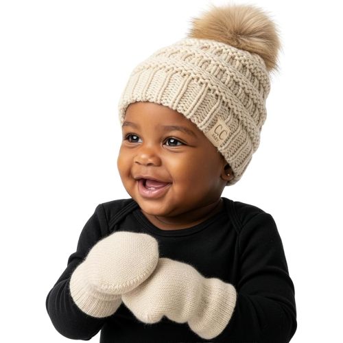 Funky Junque Cozy Infant Pom Pom Beanie & Fleece Lined Mitten Winter Set