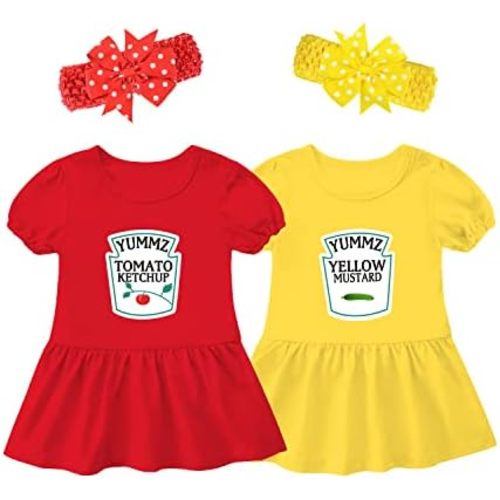 YSCULBUTOL Baby Twins Bodysuit Ketchup Mustard Newborn Girl Matching Outfits Sister Dresses Infant Romper With Headband Set