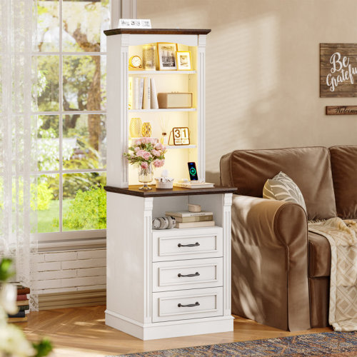 Ebern Designs Farmhouse Tall Nightstand With Charger Station And Led Lights, Bedside Table With 3 Drawers And Adjustable Shelves For Bedroom Living Room & Reviews | Wayfair
