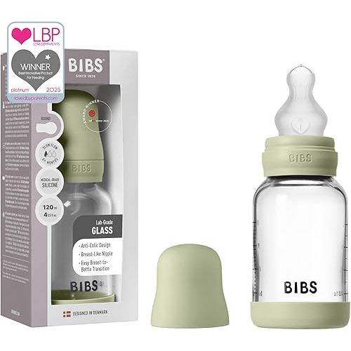 BIBS Baby Glass Bottle. 4 US fl oz / 120 ml. Anti-Colic. Vented Round Silicone Nipple. Supports Natural Breastfeeding, Slow Flow, Complete Set - Sage