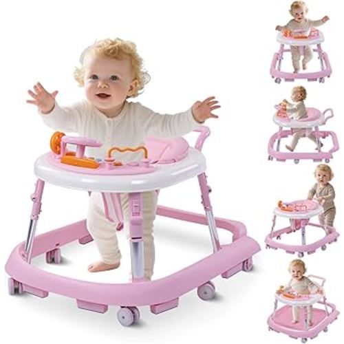 Foldable Baby Walker with Wheels – 9 Adjustable Heights, Reinforced Frame, Activity Center with Music & Lights, Removable Tray, Two Rear Wheel Modes (Swivel or Forward-Only) for Babies 6-18 Months
