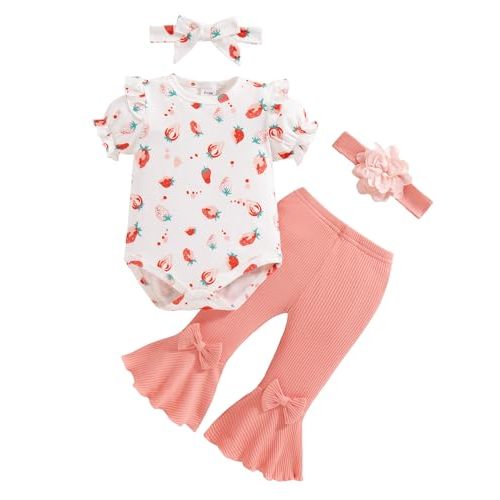 Vibebox Baby Girl Clothes Newborn Preemie Summer Outfits Short Sleeve Ruffle Romper Tops Bell Bottoms Pant Sets with Headband