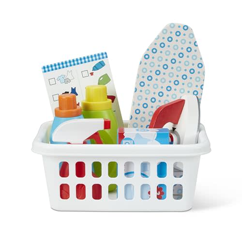 Melissa & Doug Laundry Basket Play Set with Wooden Iron, Ironing Board, and Accessories (14 Pcs) Pretend Play Laundry Set for Kids with Iron