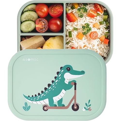 ASOMIC Silicone Bento Box for Toddlers & Kids, 3 Compartments, Crocodile