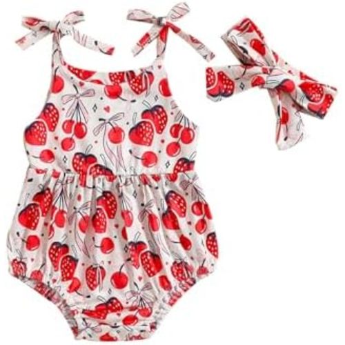 Newborn Baby Girl Summer Strap Bodysuit Print One Piece Suspender Romper Cotton Polyester Jumpsuit with Headband