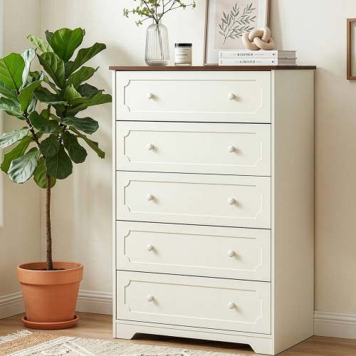 Ktaxon Large 5 Drawer Dresser Solid Wood Chest of Drawers with Soft Close Slides Storage Cabinet for Bedroom Living Room Entryway Brown & White