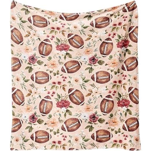 Fall Thanksgiving Blankets,Football and Flowers Floral Farmhouse Blanket Throw, Flannel Fleece Throw Blanket for Home Living Room Couch Bed Chair or Dorm Decor 60"x50"
