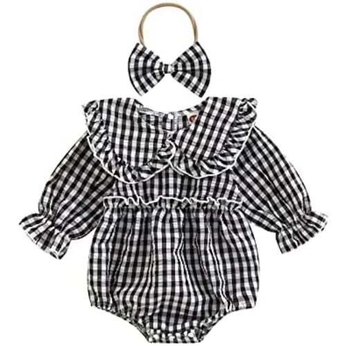 Karuedoo Newborn Baby Girl Clothes Gingham Plaid Bubble Romper Long Sleeve Ruffle Bodysuit with Headband Spring Fall Outfit